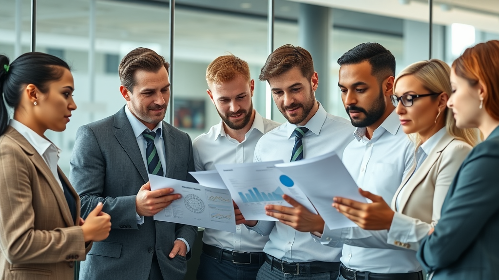 diverse business professionals analyzing corporate health initiatives wellness reports in modern office, graphs and data dashboards visible