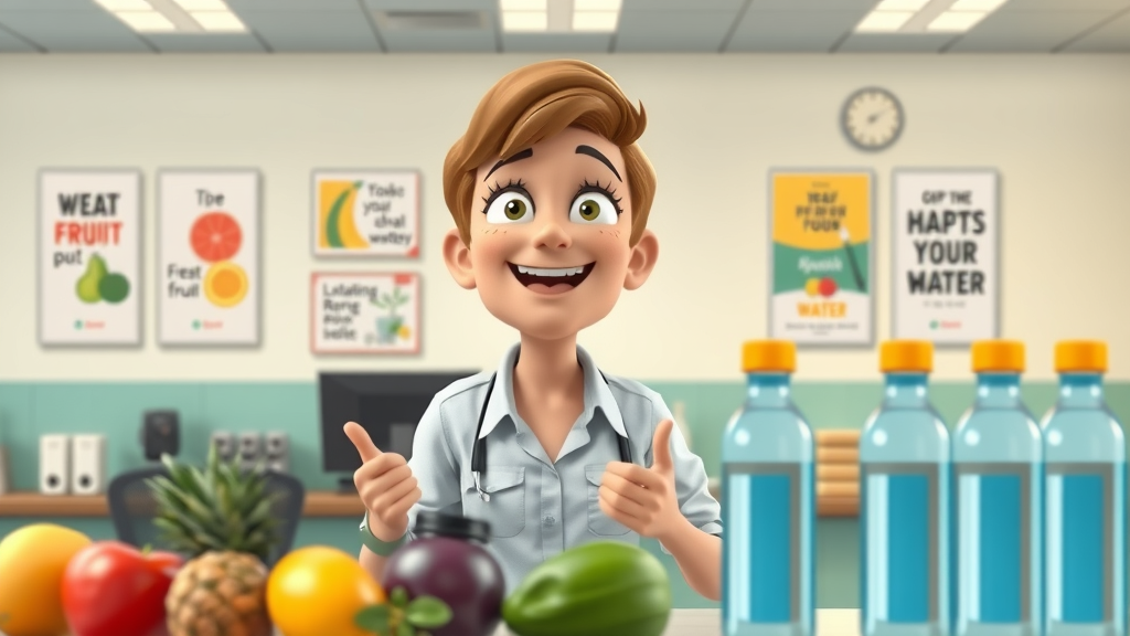 office employee choosing fruit and water over cigarettes, workplace wellness focus
