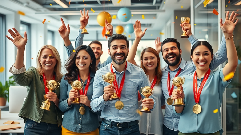 employees celebrating achievement of workplace wellness challenge with rewards