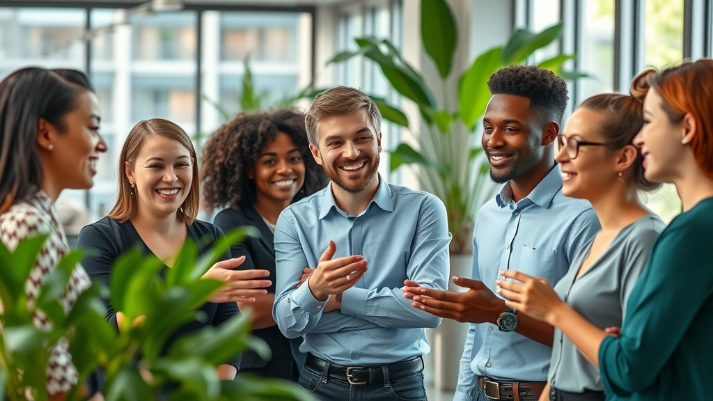 vibrant diverse workplace, smiling employees collaborating, energetic, engaged in discussion, Photorealistic High Fidelity Lifelike, modern office setting with green plants and large windows, highly detailed, subtle movement in body language, crisp, bright colors, natural daylight, shot with a 35mm lens. employee engagement wellness