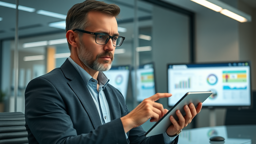 professional HR leader, thoughtful expression, analyzing wellness program data on a digital tablet, Photorealistic High Fidelity Lifelike, high-tech business conference room, highly detailed, interaction with infographics on screen, cooler tones, soft LED office lighting, shot with a 50mm lens. employee engagement wellness