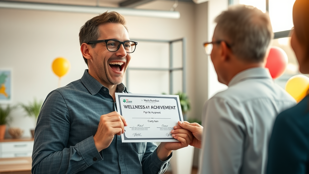 motivated employee, excited, receiving a wellness achievement award from manager, Photorealistic High Fidelity Lifelike, open office with celebratory details like balloons and confetti, highly detailed, visible emotion, warm colors, focused sunlight through window, shot with a 35mm lens. employee engagement wellness