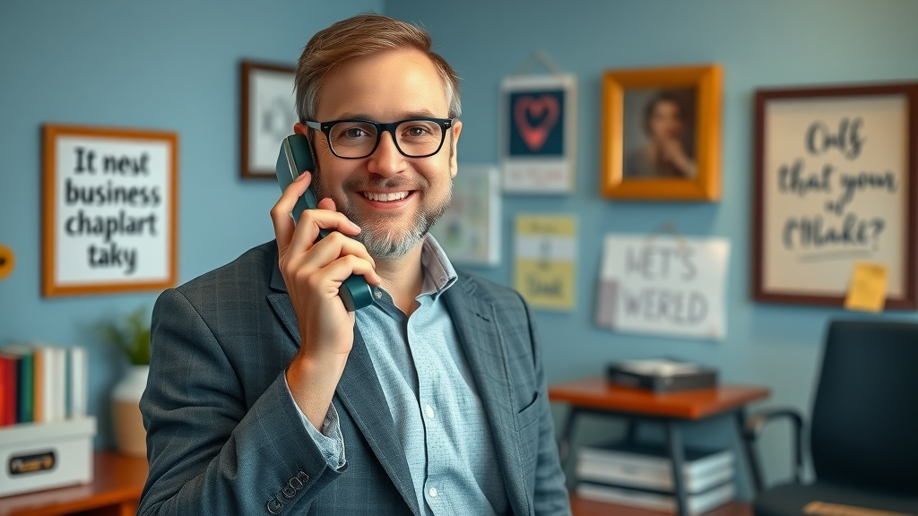 friendly business chaplain, approachable, standing by phone ready to assist, Photorealistic High Fidelity Lifelike, simple office with motivational decor, highly detailed, relaxed posture, blues and earth tones, soft warm lighting, shot with a 50mm lens. employee engagement wellness