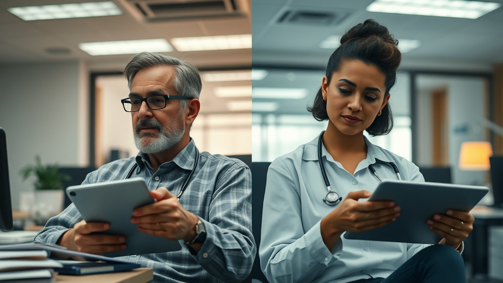 contrasted workplace scenes showing transition from individualistic health checks to collaborative holistic wellbeing practices in the future of employee wellness