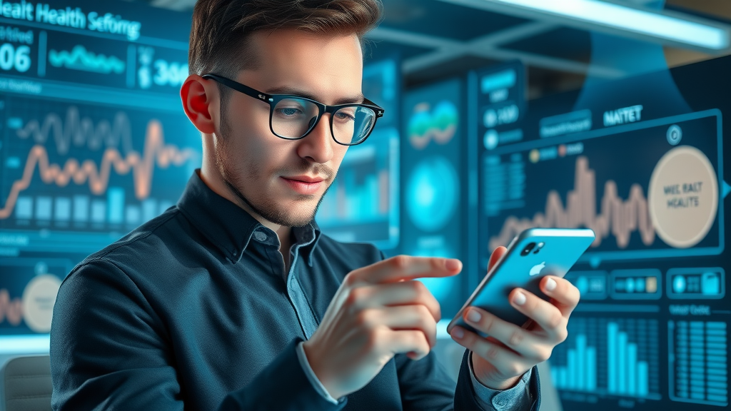 future of workplace wellness futuristic employee using wellness app on phone with AI health assistant and biometric data, holographic digital workspace