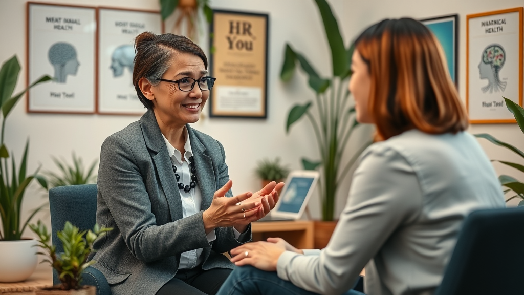 mental health in the future of workplace wellness: HR professional supporting employee in confidential counseling session, cozy office with mental health posters