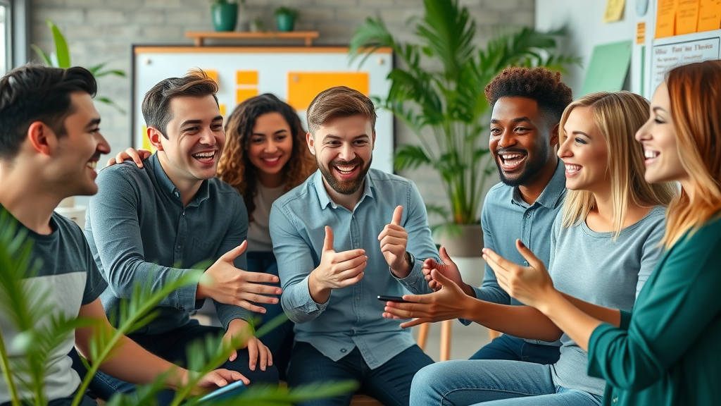 Gen Z and millennial employees collaborating and brainstorming wellness campaign ideas in a modern breakout area