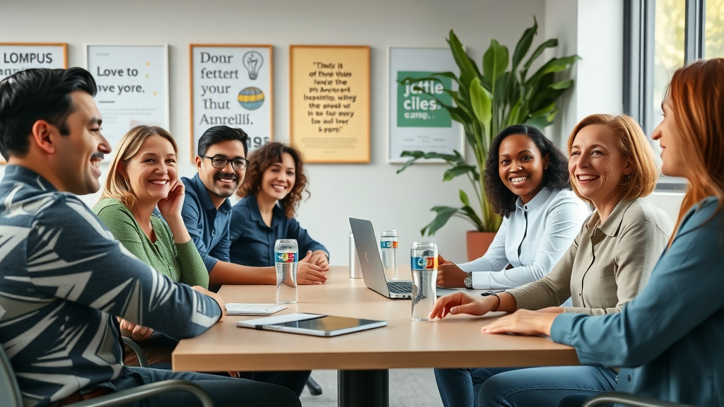 group of nonprofit professionals collaborating in a modern, lively workspace, nonprofit talent acquisition