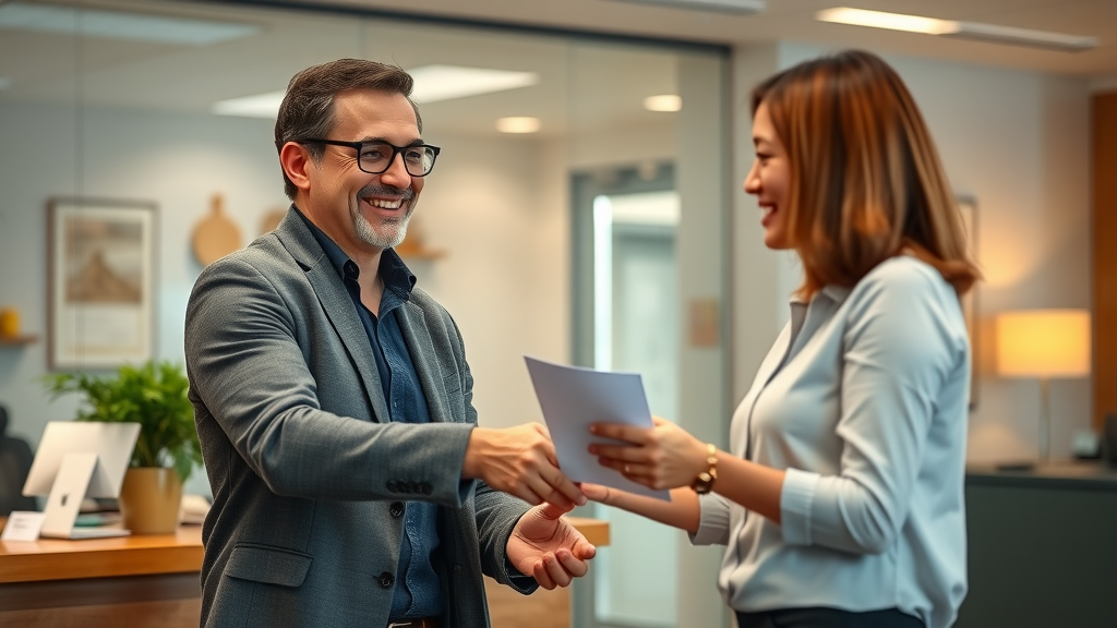 Volunteer to paid staff transition: motivated volunteer shaking hands with supervisor while transitioning to employee status in a nonprofit office