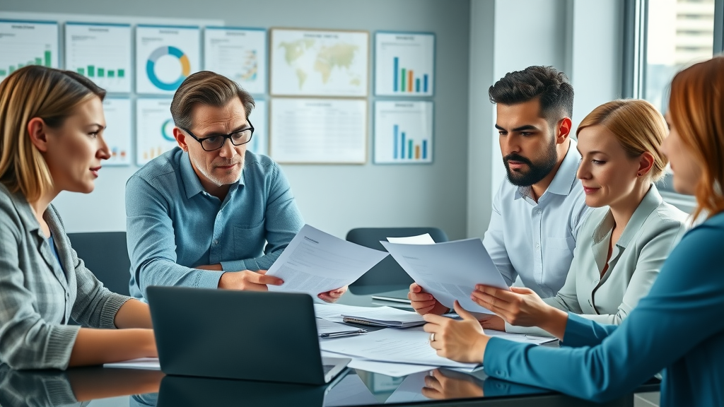 Professional nonprofit team collaborating on grant management for nonprofits, reviewing financial documents and funding opportunities in a modern office.