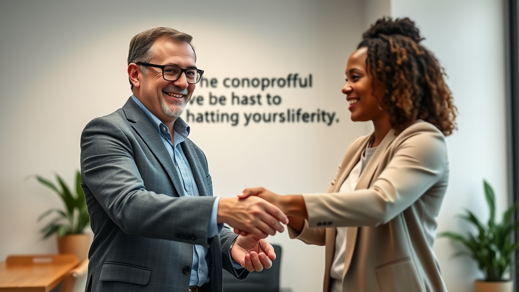 nonprofit leader welcoming a diverse new hire, handshake, nonprofit talent acquisition