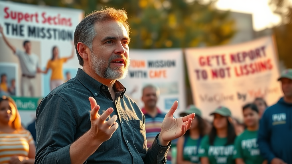 nonprofit spokesperson passionately presenting mission to the community in open air, employer brand