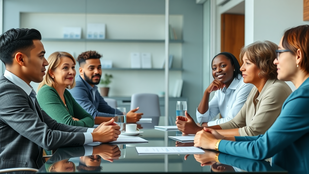 Volunteer to staff transition teamwork: nonprofit professionals collaborating in a meeting with visible organizational branding