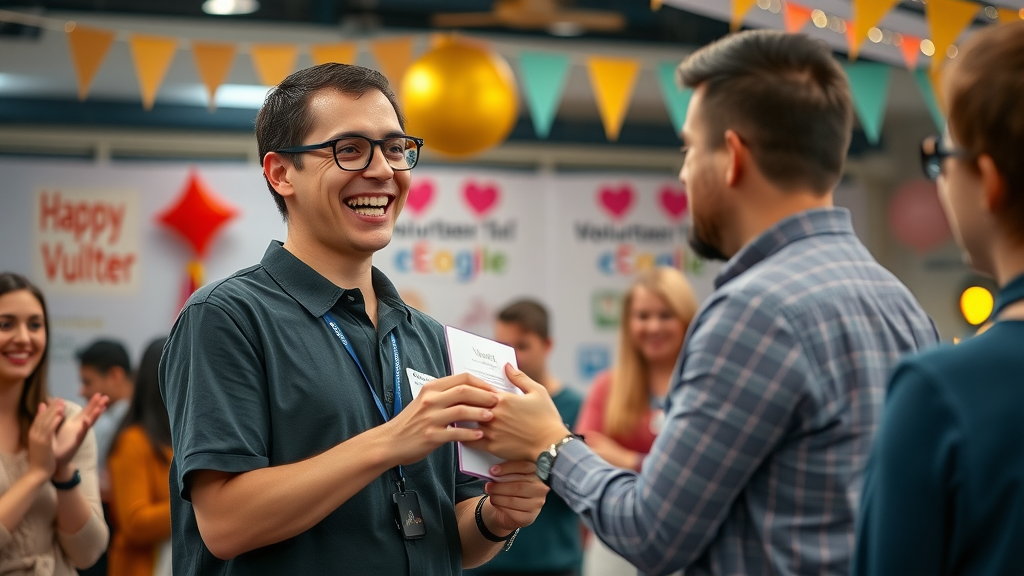 Volunteer to paid staff recognition: excited volunteer receiving award from supervisor at a nonprofit event