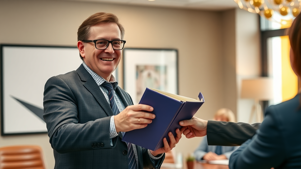 Executive director transition: outgoing director handing binder to new leader in nonprofit boardroom