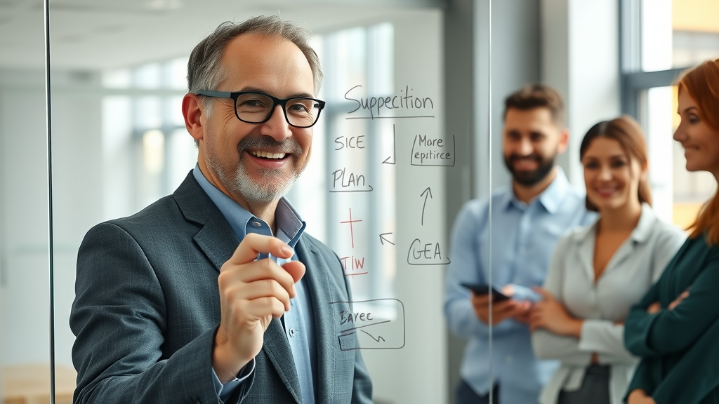 Succession planning for volunteer to staff transition: nonprofit leader outlining succession plan to staff using a glass board