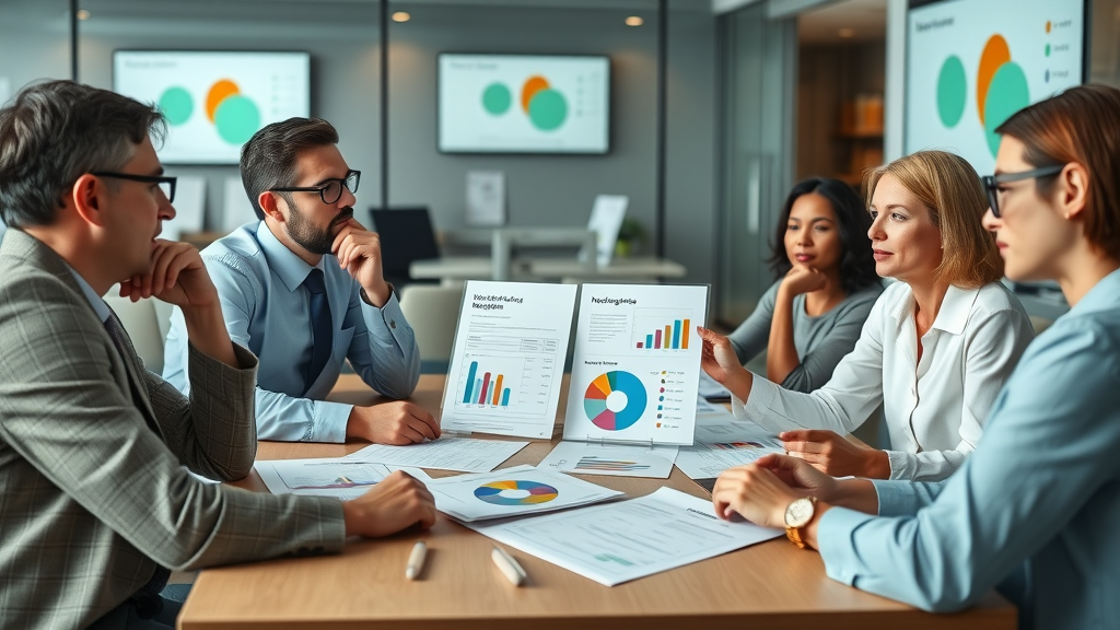 Nonprofit professionals collaborating on resource allocation using pie charts and financial documents in an office setting with organizational branding, digital screens, and infographics.