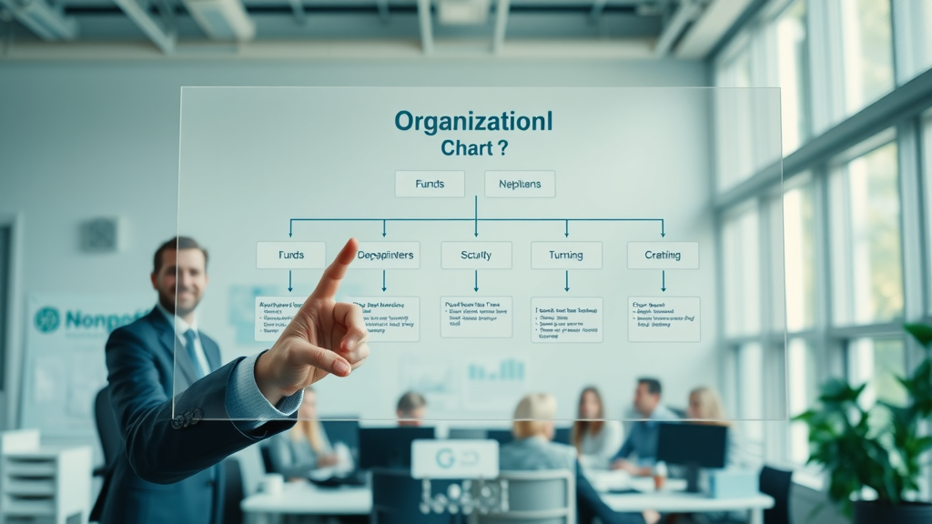 Clear organizational chart in a nonprofit office, highlighting the flow of funds and resources through departments and digital diagrams.