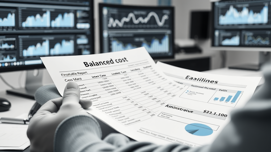 Nonprofit accountant reviewing balanced fiscal report, highlighting direct, indirect, and administrative costs on digital monitors with financial breakdowns and animated graphs.