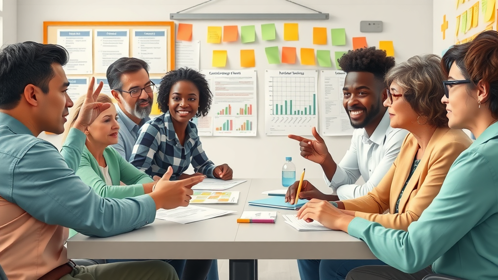 Diverse nonprofit board strategically deciding on resource allocation using charts and visual pointers in a community center with vibrant discussions.