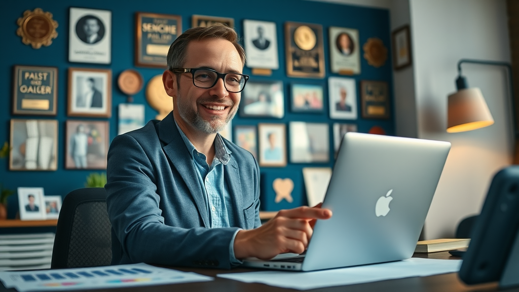 Confident nonprofit leader reviewing successful project outcomes on a laptop, surrounded by achievement plaques and subtle financial charts.