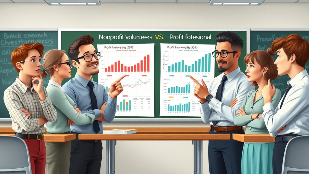contrasting nonprofit volunteers and corporate professionals discussing financial charts, nonprofit financial reporting