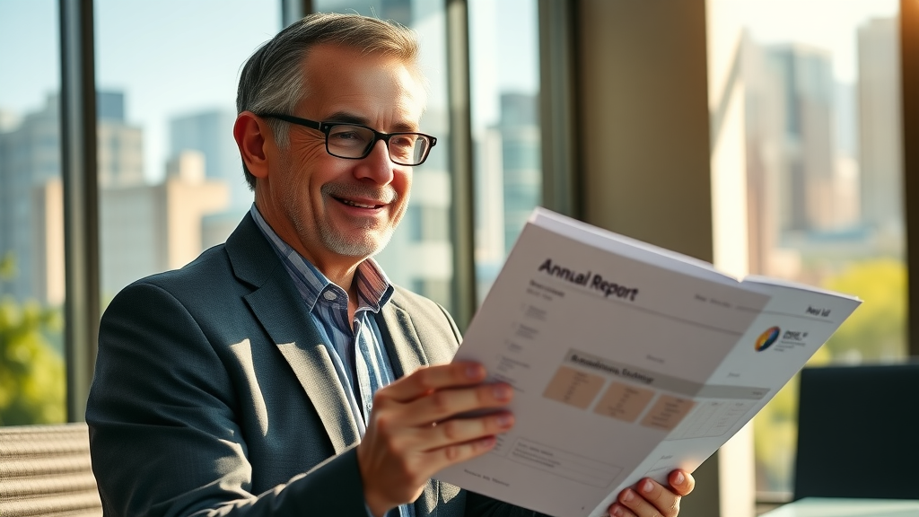 confident nonprofit leader reviewing annual report, nonprofit financial reporting