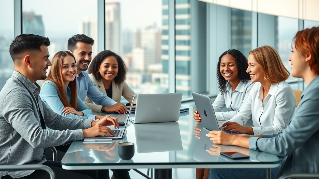 Nonprofit team collaborating on a competitive compensation package in a modern office, cityscape background, discussing strategy