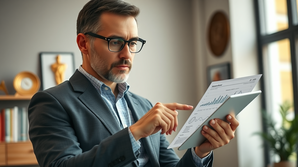 Nonprofit executive reviewing competitive compensation benchmarking reports on a digital tablet in a modern office