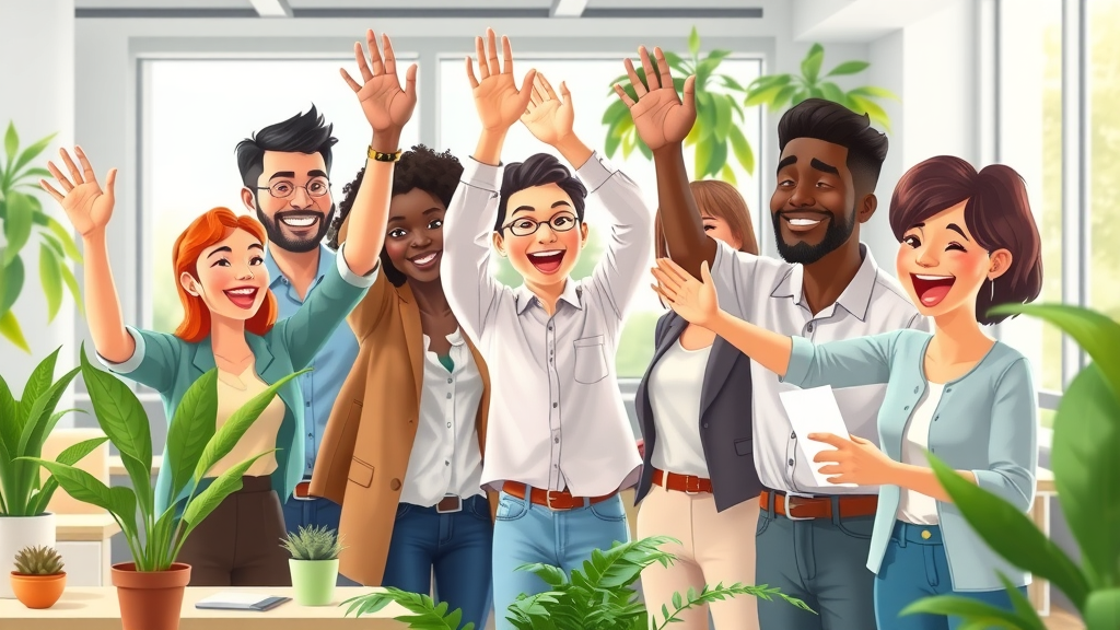 Diverse nonprofit staff celebrating noncash benefits like recognition and wellness in a bright, modern office