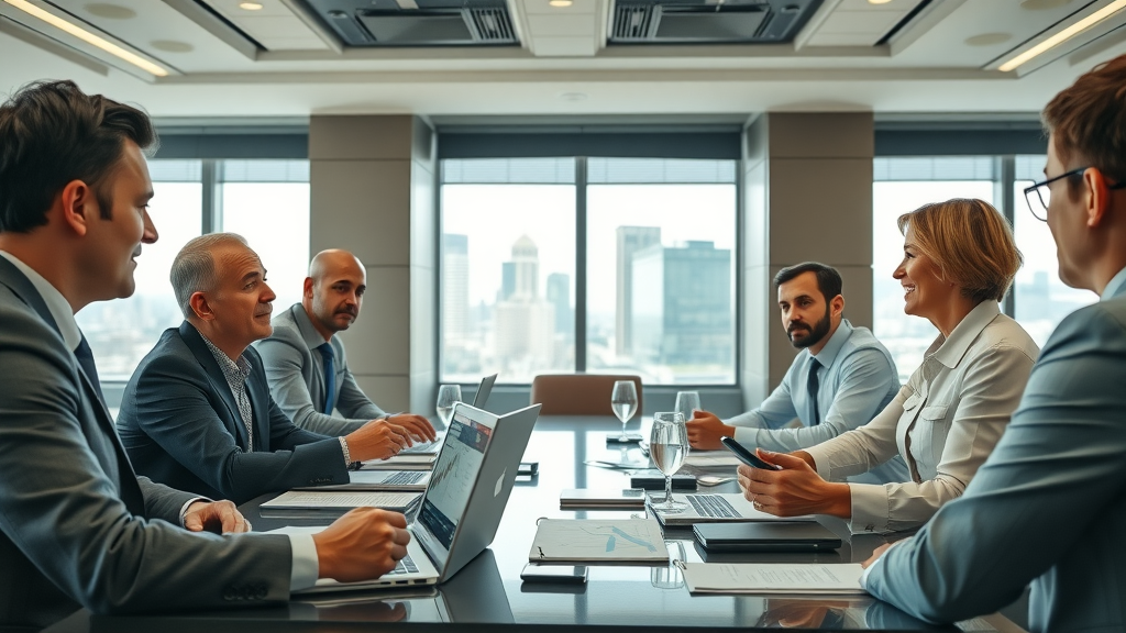 Nonprofit board collaborating with a compensation consultant in a city-view conference room, analyzing strategy charts