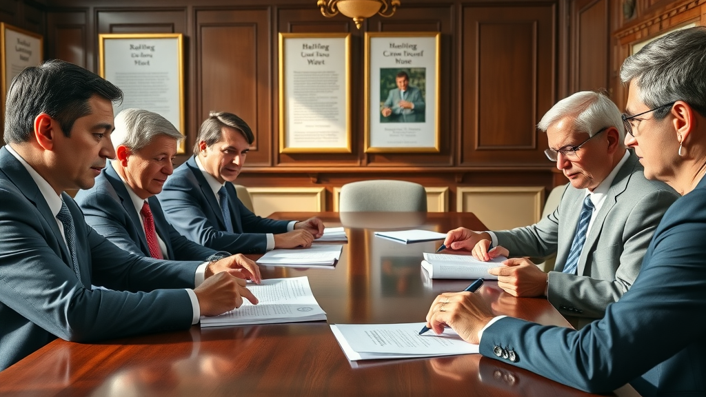 Nonprofit board members analyzing compensation governance at a stately table, mission-focused background