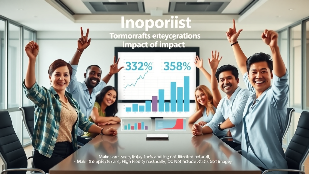stakeholder engagement nonprofit infographic showing diverse nonprofits celebrating their impact with growth statistics visually represented, modern boardroom with digital charts in the background, photorealistic, vibrant colors