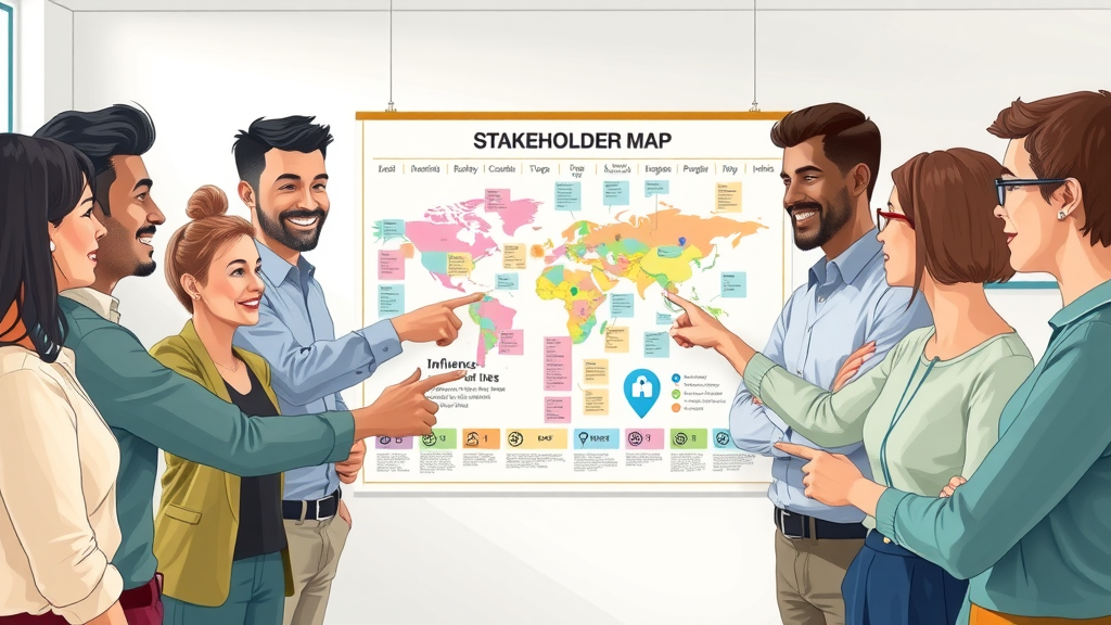 detailed stakeholder group map for stakeholder engagement nonprofit, with diverse stakeholders pointing at a colorful influence chart in a collaborative cartoon-style meeting