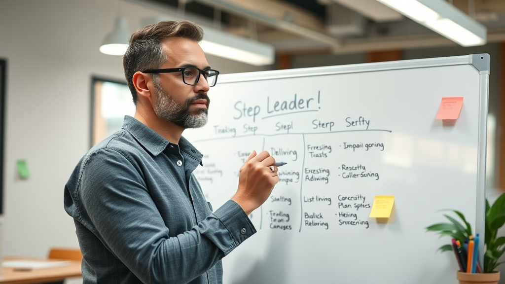 stakeholder engagement nonprofit leader writing a detailed step-by-step engagement strategy plan on a whiteboard, photorealistic and organized setting
