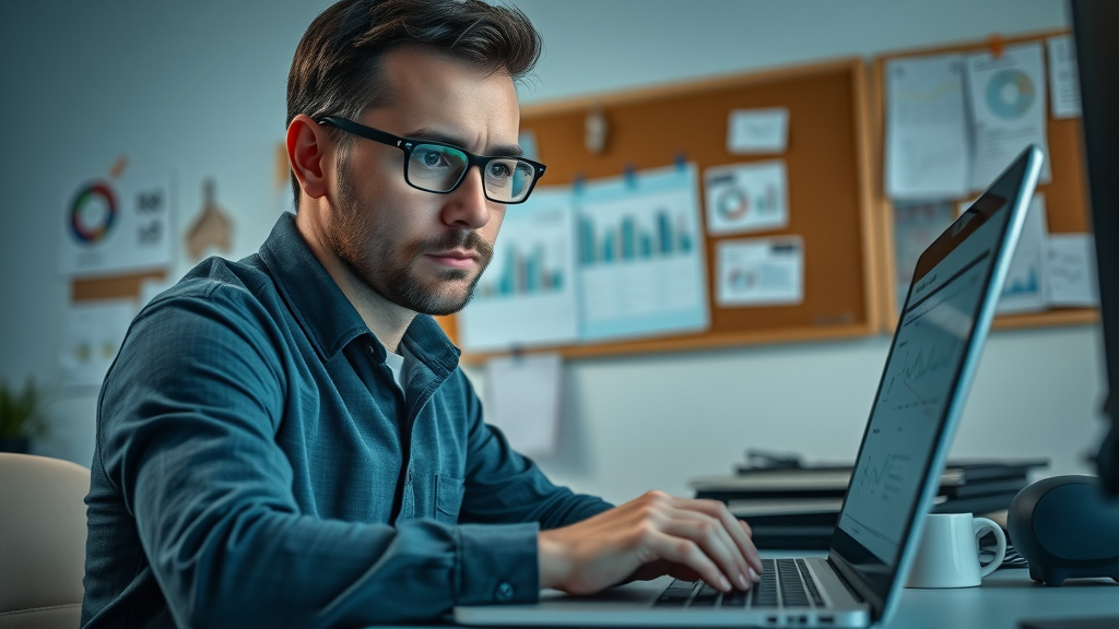 Nonprofit manager setting up a new performance measurement system on a laptop
