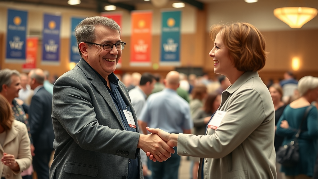 Nonprofit representative celebrating donor retention with a handshake