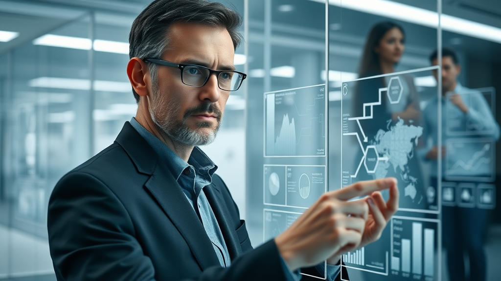 Visionary nonprofit leader studying leadership development nonprofit staff frameworks on a futuristic digital interface