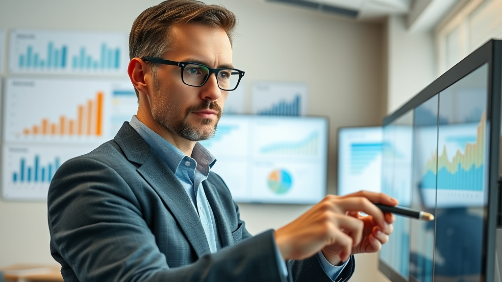 Analytical professional reviewing leadership development nonprofit staff program metrics on a digital dashboard