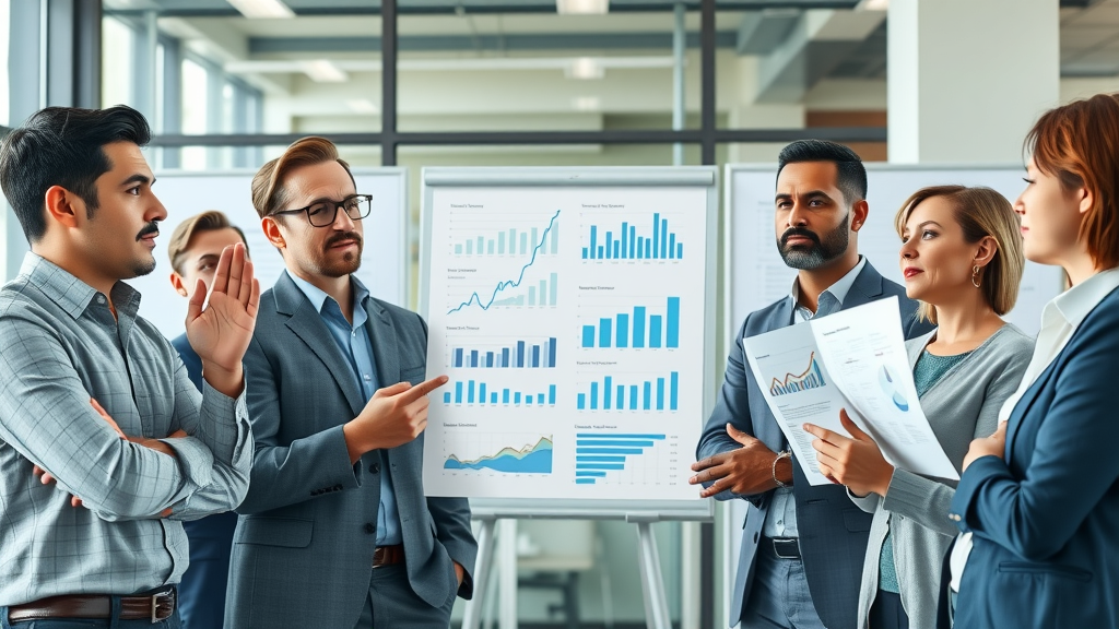 Infographic showing nonprofit leaders discussing sustainability planning strategies, statistical data, and planning charts, modern office background, sustainability planning nonprofit organizations