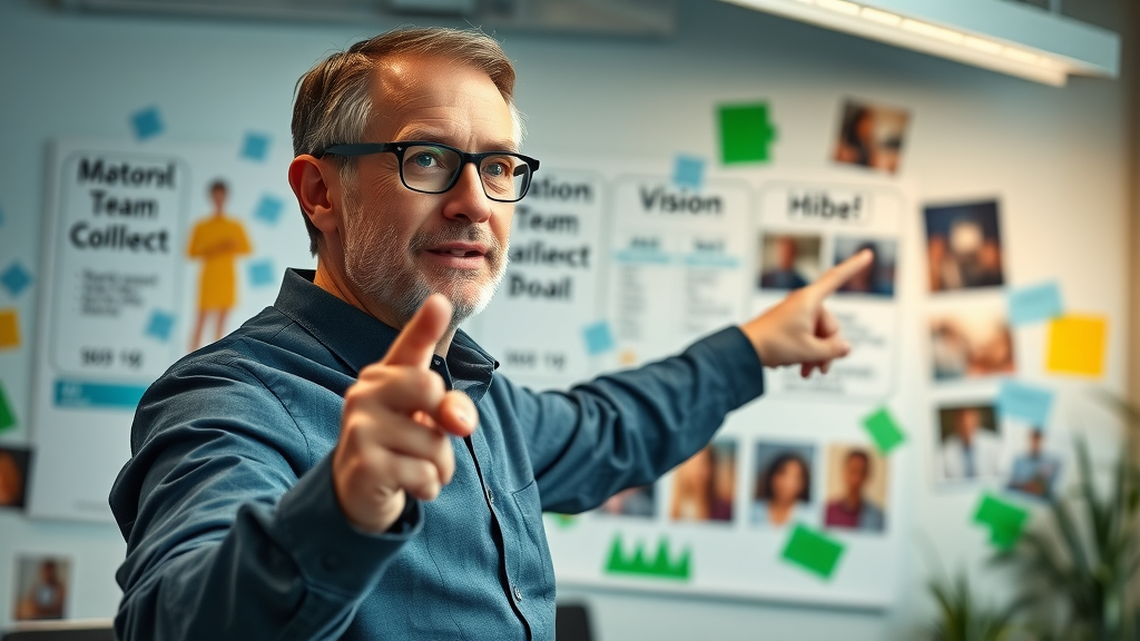 Nonprofit team leader pointing at vision board, planning sustainability strategies, mission and vision central to sustainability plan, sustainability planning nonprofit organizations