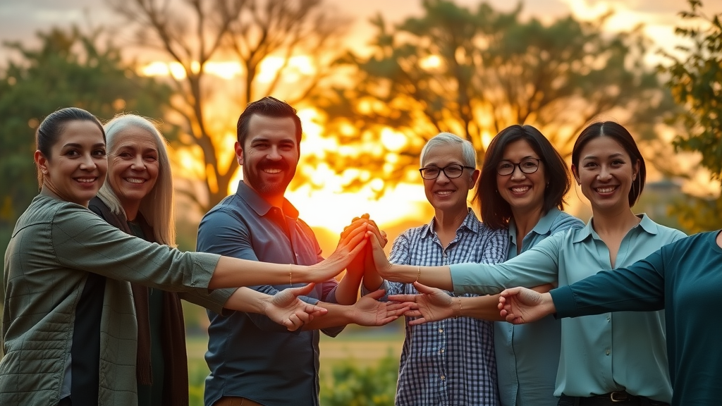 Nonprofit staff and community members united with hopeful outlook at sunset, symbolizing the future of sustainability planning nonprofit organizations