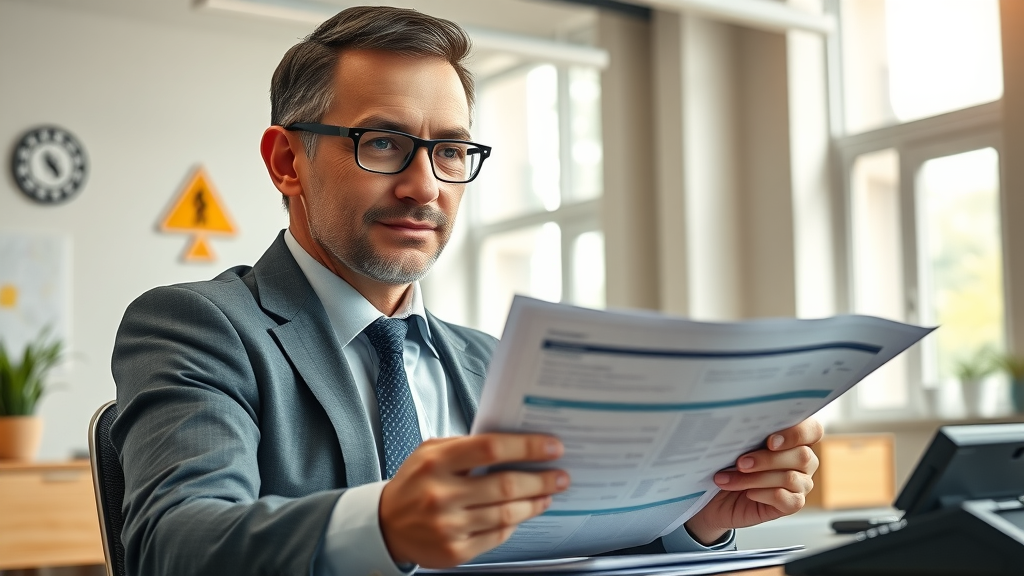 Trustworthy financial officer confidently reviewing nonprofit budget sheets, representing nonprofit financial accountability in a bright open office setting