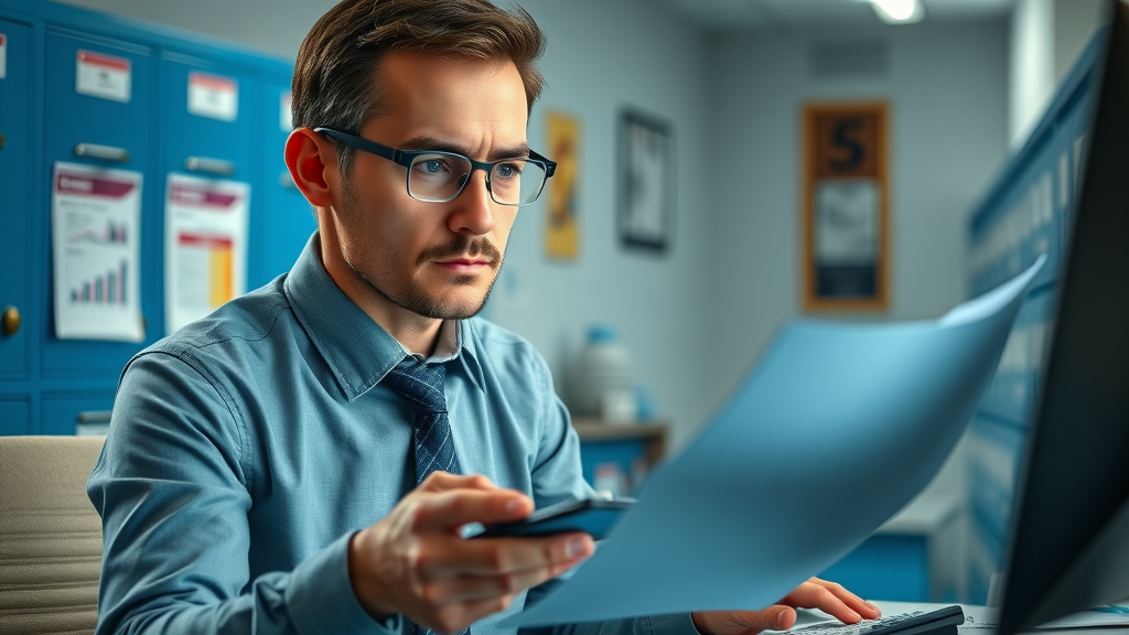 Methodical nonprofit accountant analyzing annual financial reports, exemplifying financial management for nonprofits with organized compliance documents in the background