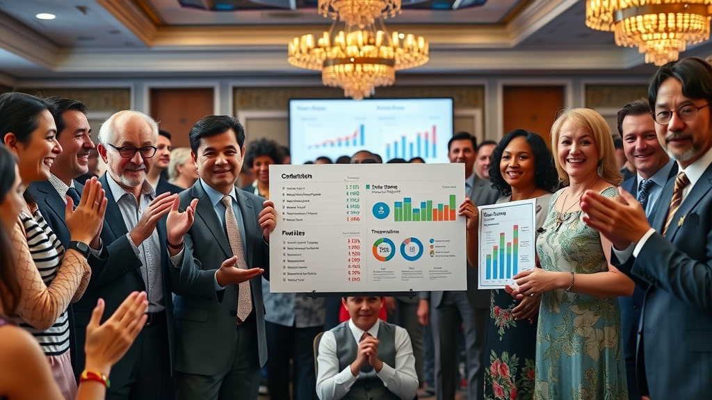 Diverse board members presenting transparent financial statements at a charity gala, illustrating financial accountability nonprofits