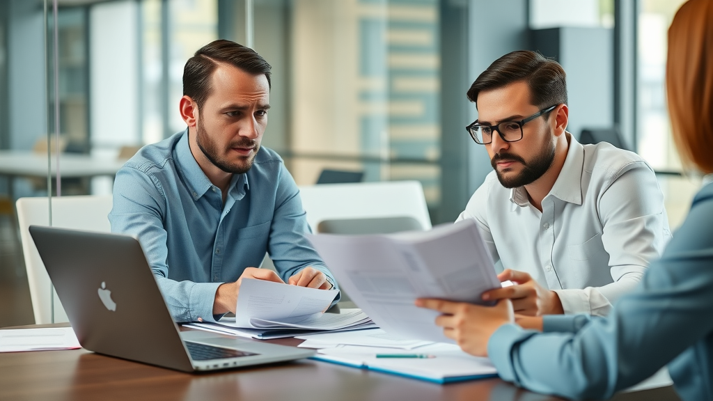 concerned nonprofit finance team reviewing error-prone financial statements at a boardroom table, financial reporting nonprofit organizations, modern office background, highly detailed, natural daylight, shot with a 50mm lens.