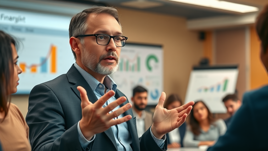 professional nonprofit accountant explaining the importance of financial reporting nonprofit organizations to a diverse group, educational seminar with projector and charts, warm colors, shot with an 85mm lens.
