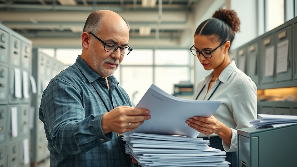 dedicated nonprofit staff organizing financial documents and categorizing data, financial reporting nonprofit organizations, open workspace, spreadsheets, highly detailed, gentle daylight, shot with a 35mm lens.