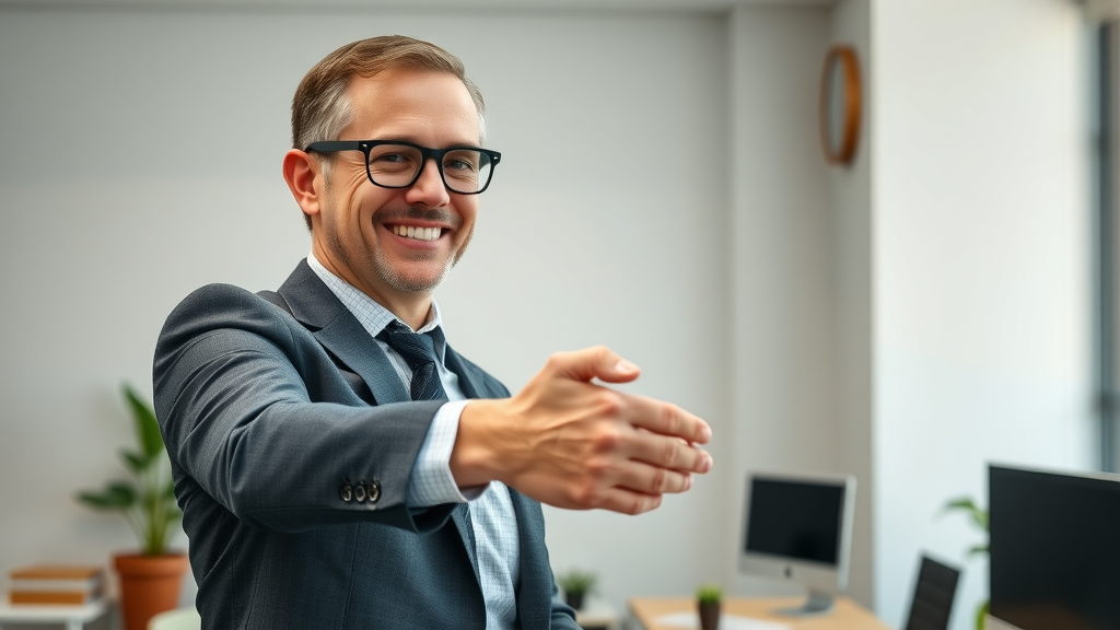 victorious nonprofit administrator closing a finalized annual financial reporting nonprofit organizations report with a handshake to a donor, office background, highly detailed, bright lighting, shot with a 35mm lens.