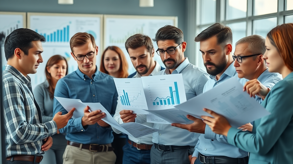 Diverse nonprofit professionals reviewing financial graphs and cash flow statements, discussing nonprofit cash flow management challenges, busy nonprofit office background
